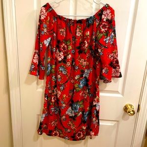 City Streets Dress, On or Off Shoulder, Red with a Romantic Floral Pattern, EUC